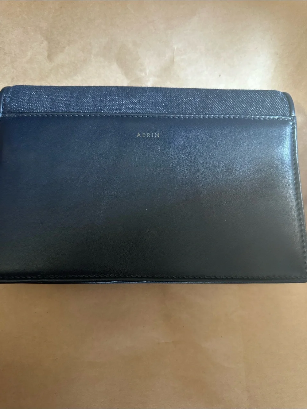 AERIN Black Leather Clutch with Tan Suede Interior